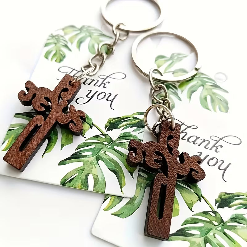 Houten Kruis Sleutelhanger met Jezus – Gedetailleerd Christelijk Kruis met Gravure