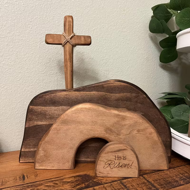 Christelijke Paasdecoratie Hout – “Hij is Opgestaan” Opstandingsscène met Kruis en Engel | Landelijke Farmhouse Paasdecoratie voor Huis