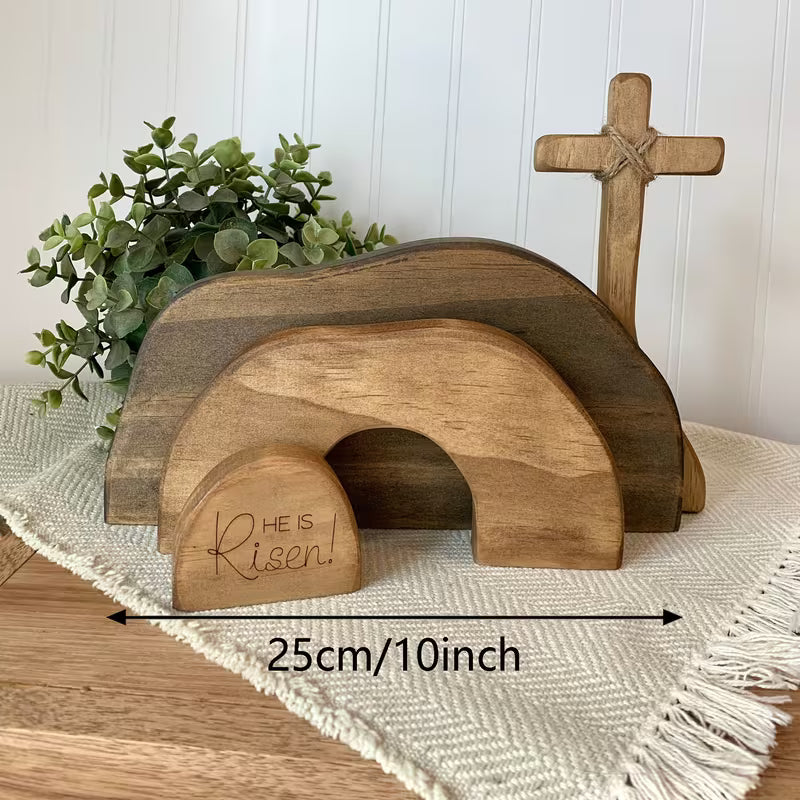 Christelijke Paasdecoratie Hout – “Hij is Opgestaan” Opstandingsscène met Kruis en Engel | Landelijke Farmhouse Paasdecoratie voor Huis
