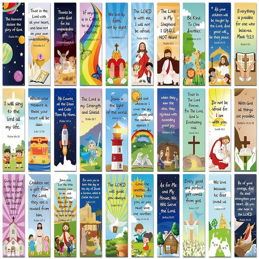 Cartoon Bijbelvers Kaartjes (30 Stuks) – Kleurrijke Christelijke Bemoedigingskaartjes voor Kinderen &amp; Gemeente