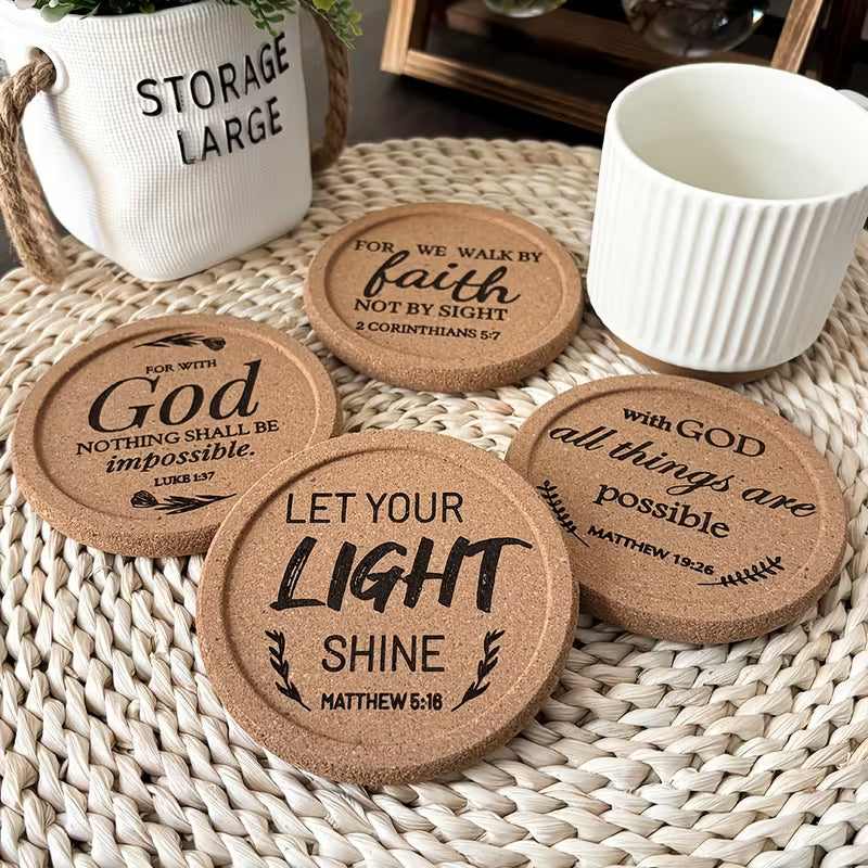Christelijke Onderzetters (4 Stuks) – Stijlvolle Set met Bijbelse Teksten | Warm & Inspirerend Design